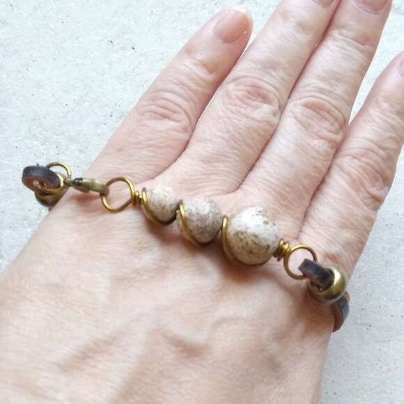 Chunky Graduated Picture Jasper + Genuine Rawhide Bracelet! Rustic Rugged Femme - Picture 3 of 6